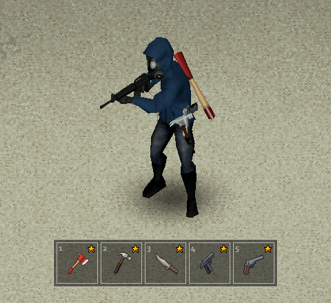 Un joueur avec plusieurs armes attachées