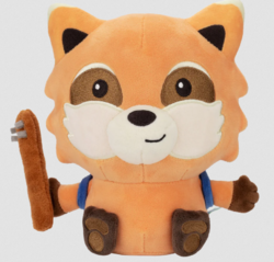 Limited edition Makeship Spiffo plush. The plush is wielding a Nailed Baseball Bat and wearing a School Bag, containing several items from the game.