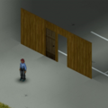 In-game screenshot of a wooden door frame both with a wooden door and without one.