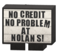 Advertisement sign outside of Nolan's Used Cars, the dealership is named after mod author, nolanritchie.